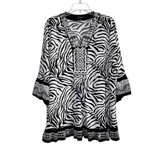 Calessa Womens Zebra Print Tunic Top Size 1X Embroidered Flared Sleeve Boho Chic